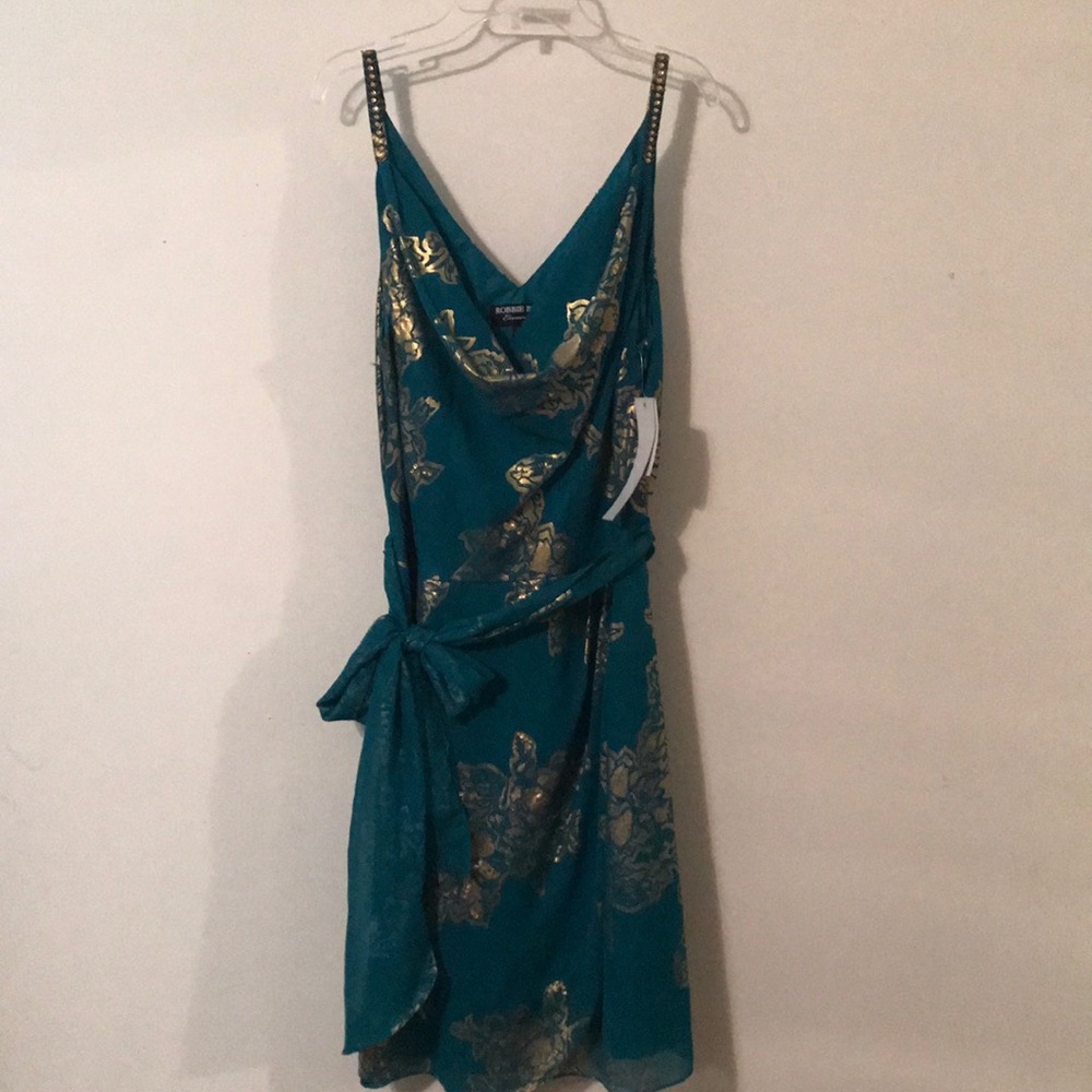 Spaghetti strap teal and gold cocktail dress